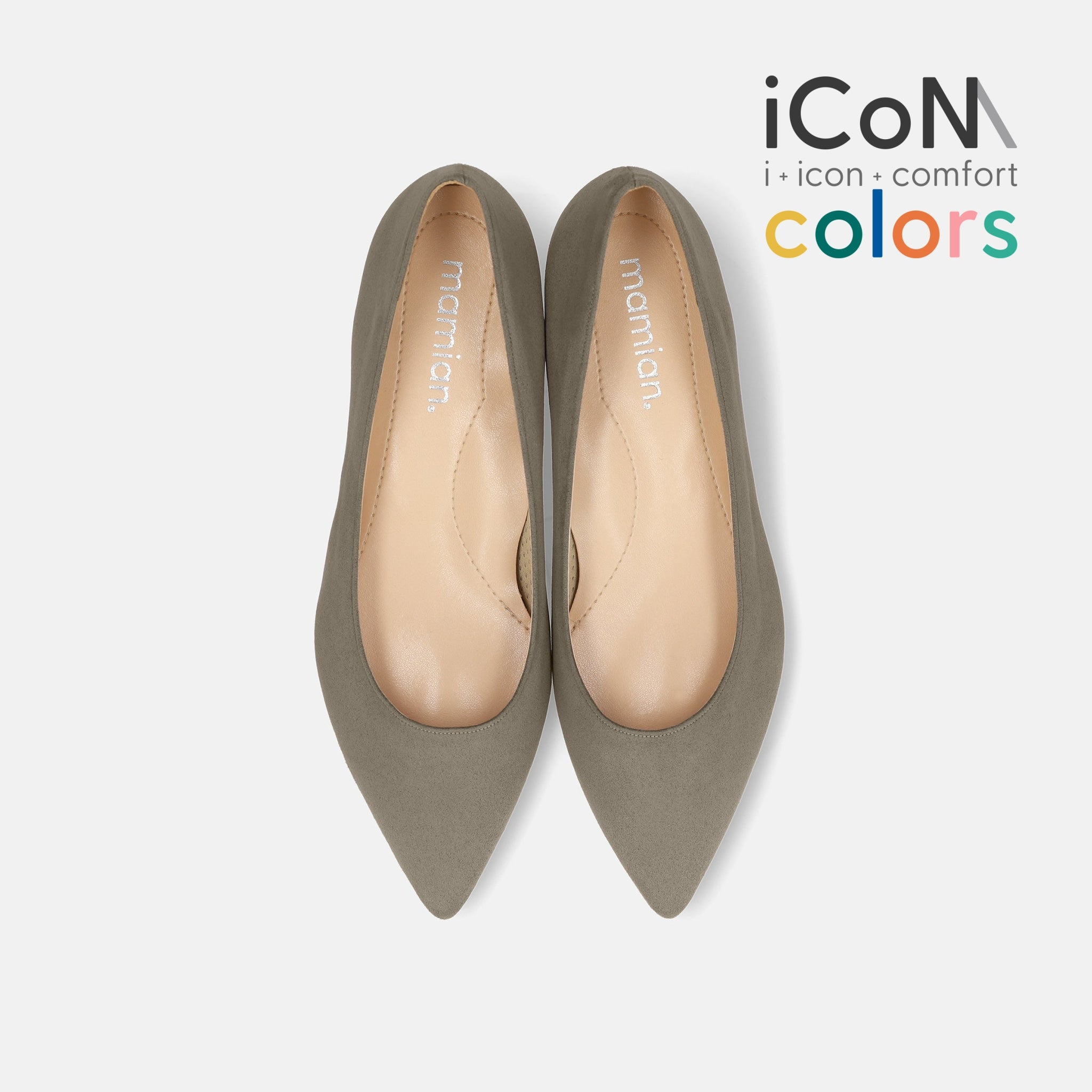 15%OFF：iCoN COLORS：ポインテッドトゥ スエード フラットシューズ（C20142）グレージュS