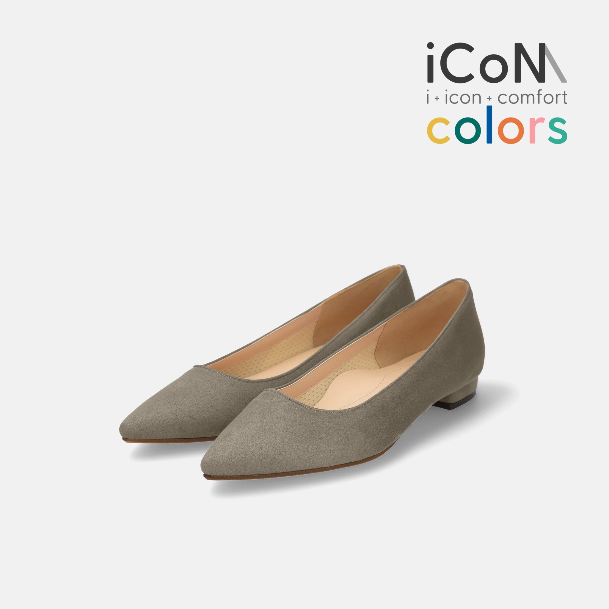 15%OFF：iCoN COLORS：ポインテッドトゥ スエード フラットシューズ（C20142）グレージュS