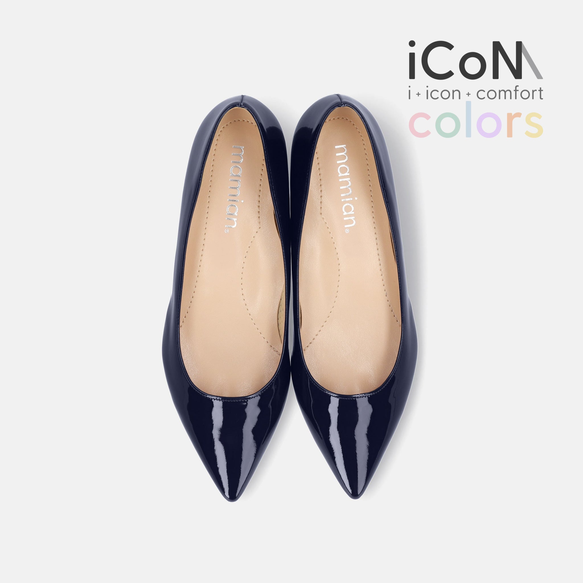 20%OFF：2024SS：iCoN COLORS：ポインテッドトゥ エナメル フラットシューズ（C20141）クラシックネイビー