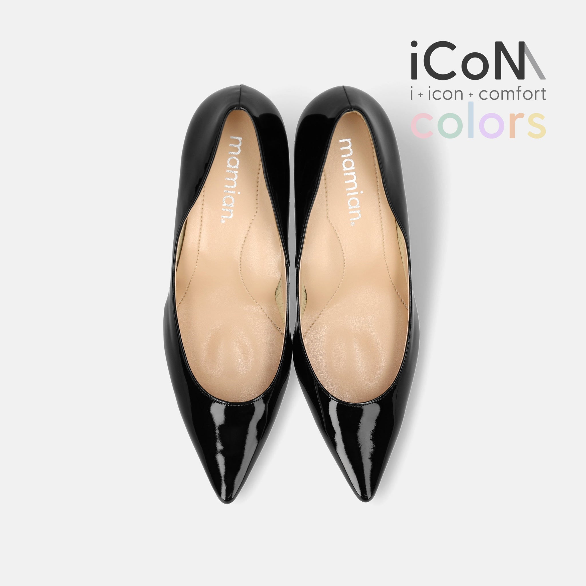 2024SS：iCoN COLORS：ポインテッドトゥ エナメル パンプス（C76531）ブラックE