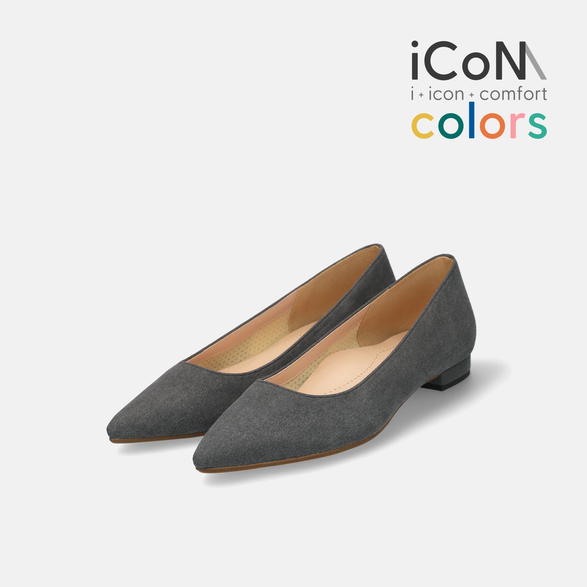 20%OFF：iCoN COLORS：ポインテッドトゥ スエード フラットシューズ（C20142）チャコールS