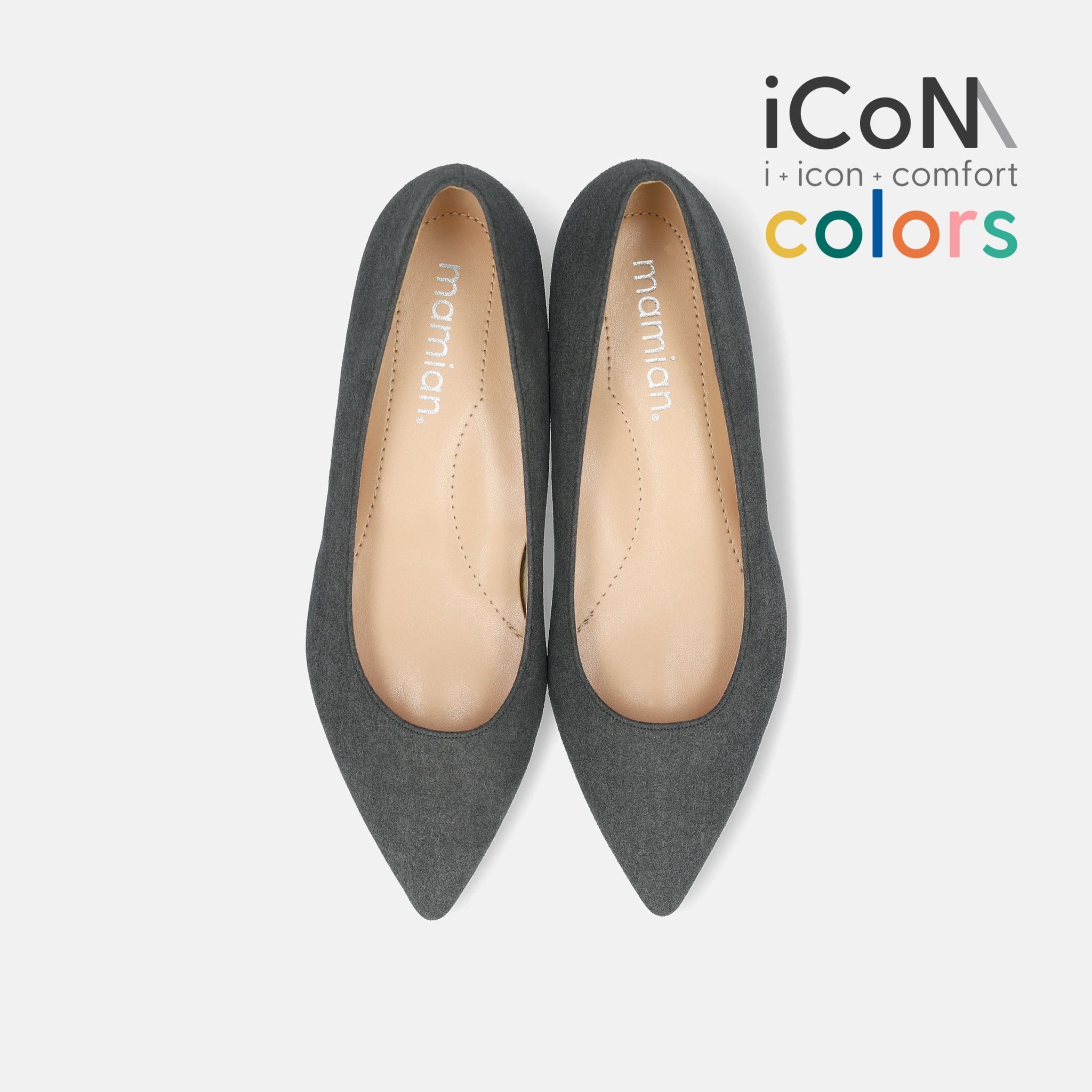 20%OFF：iCoN COLORS：ポインテッドトゥ スエード フラットシューズ（C20142）チャコールS