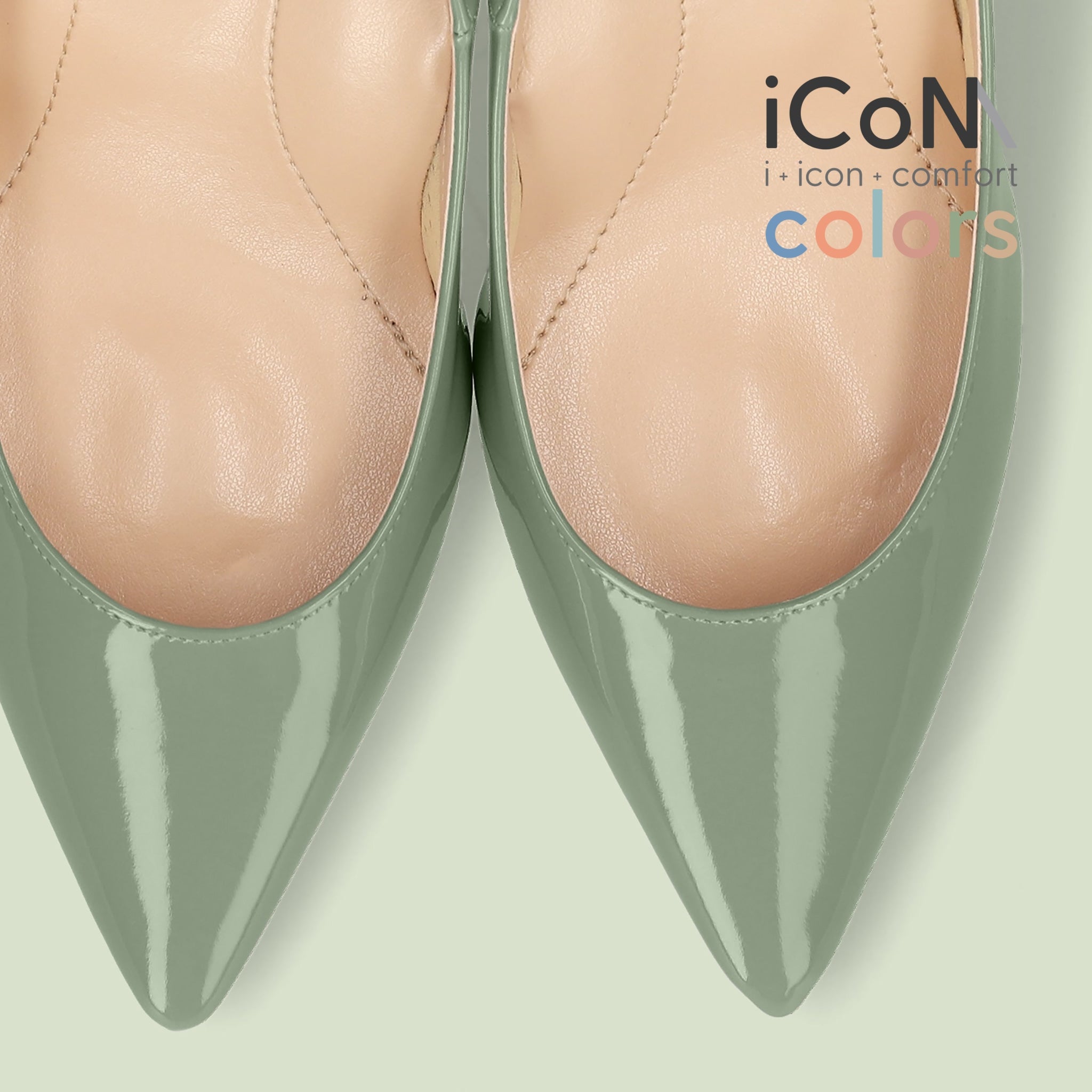 20%OFF：iCoN COLORS：ポインテッドトゥ エナメル パンプス（C76531）モスグリーン